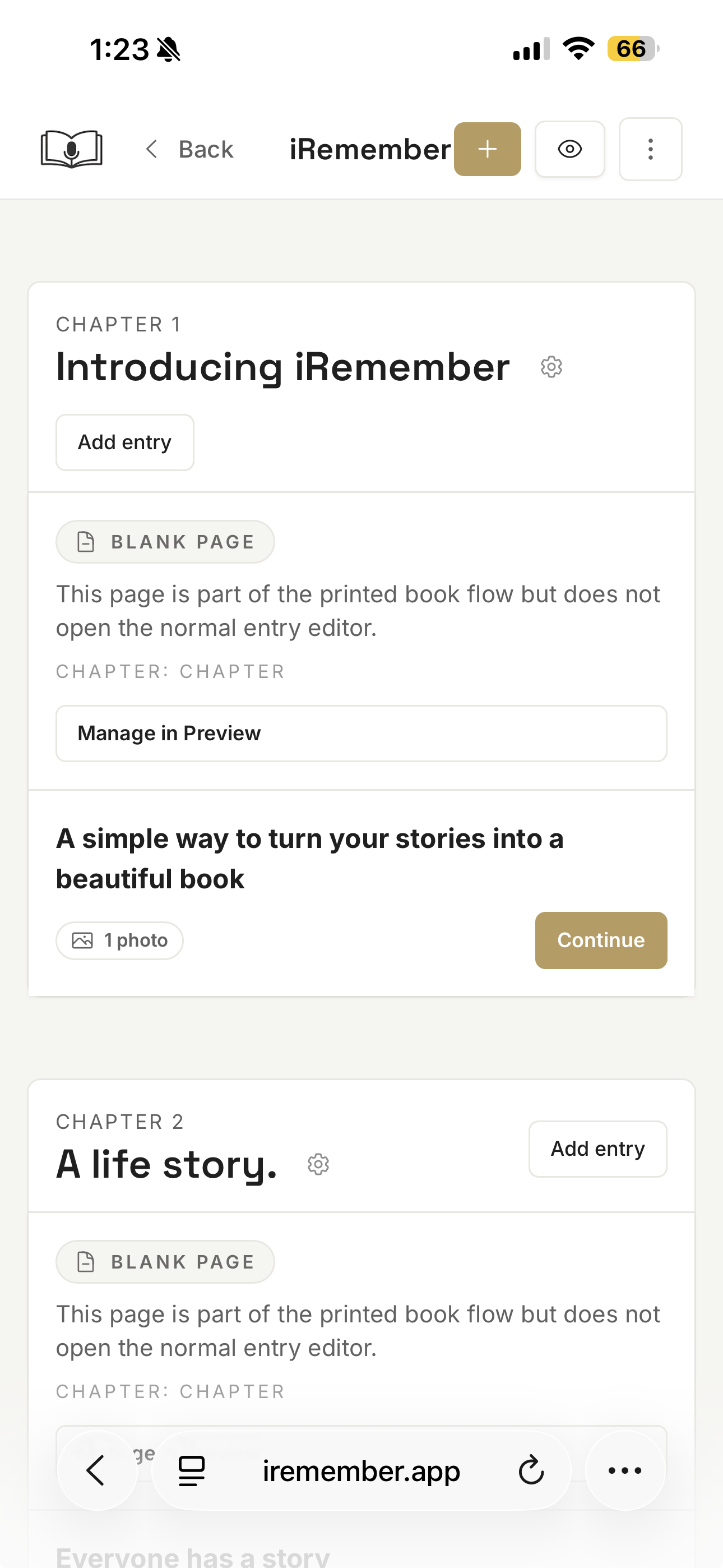 iRemember app showing story recording and chapter view
